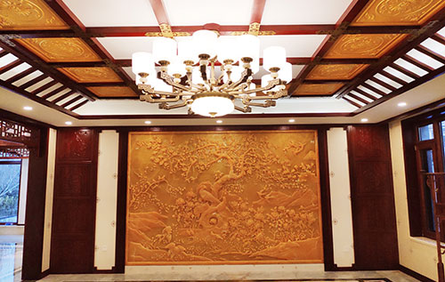 民乐中式别墅客厅中式木作横梁吊顶装饰展示